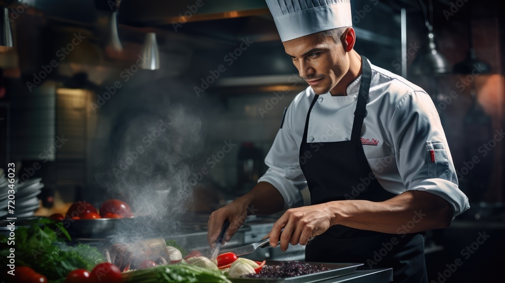 Action of Professional chef working in restaurant kitchen n a dark background Action of Professional chef working in restaurant kitchen n a dark background
