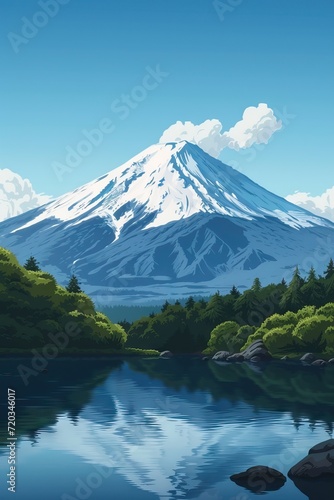 Mount fuji  art. Japanese landmark. Beautiful mountain  volcan in Japan. Snowing scenery. Tourist  travel destination. AI generated illustration