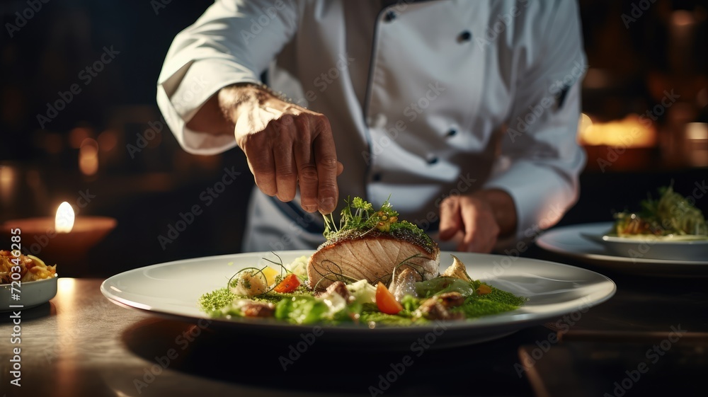 Action of Professional chef working in restaurant kitchen n a dark background
