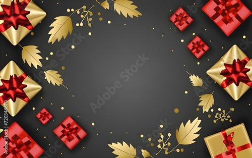 Black Friday concept art banner with gift boxes and leaves decorated with copy space or text space in middile. 3d concept art promo banner.