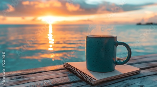 Serene morning with a steaming mug of coffee by a tranquil ocean sunrise.