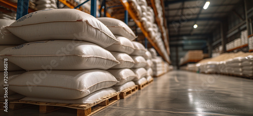 Warehouse with bags of corn or rice in storage facility photo