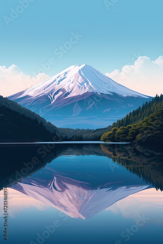 Mount fuji  art. Japanese landmark. Beautiful mountain, volcan in Japan. Snowing scenery. Tourist, travel destination. AI generated illustration