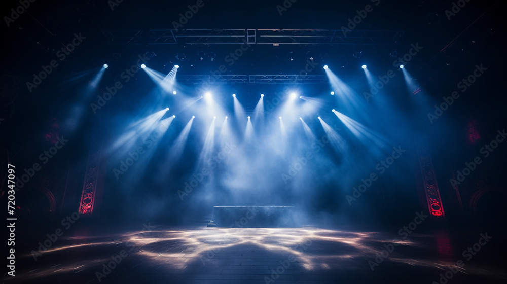 Stage light background with blue spotlight illuminated the stage with smoke. Empty stage for show with backdrop decoration. - obrazy, fototapety, plakaty 