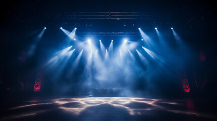 Stage light background with blue spotlight illuminated the stage with smoke. Empty stage for show with backdrop decoration.
