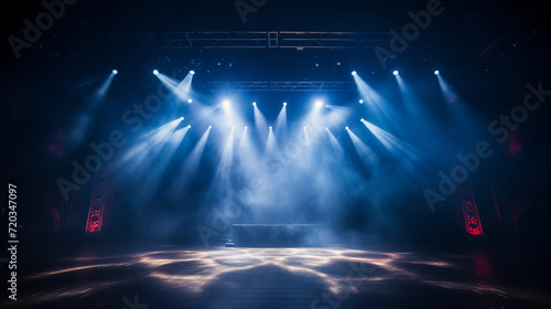 Stage light background with blue spotlight illuminated the stage with smoke. Empty stage for show with backdrop decoration. photo