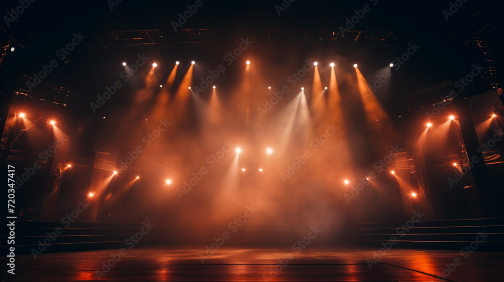 Stage light background with orange spotlight illuminated the stage with smoke. Empty stage for show with backdrop decoration.