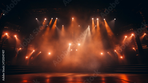 Stage light background with orange spotlight illuminated the stage with smoke. Empty stage for show with backdrop decoration.