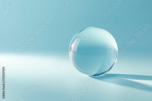 macro of transparent glass ball on light blue background with shadow, blue tones