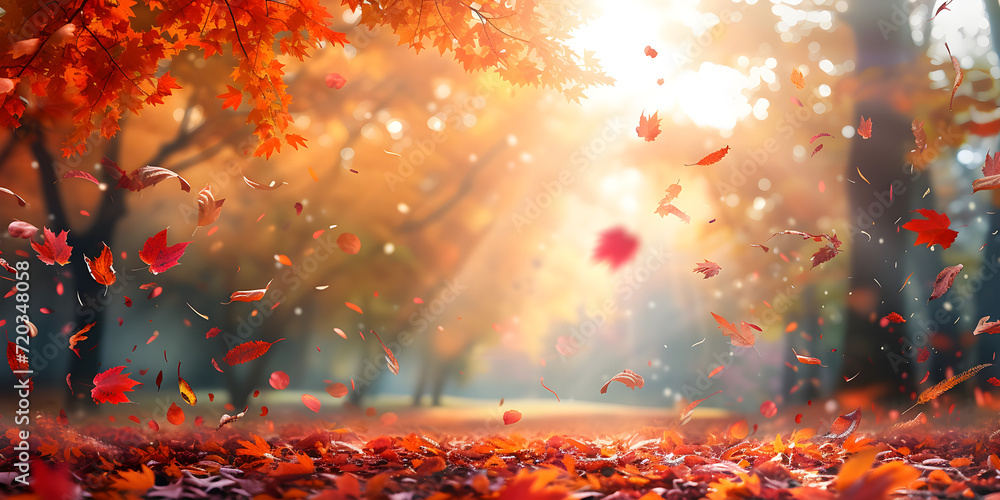 Beautiful autumn landscape with. Colorful foliage in the park. Falling leaves natural background. generative ai