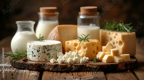 Artisan cheese ensemble with fresh herbs, accompanied by milk bottles, presenting a farm-fresh narrative.