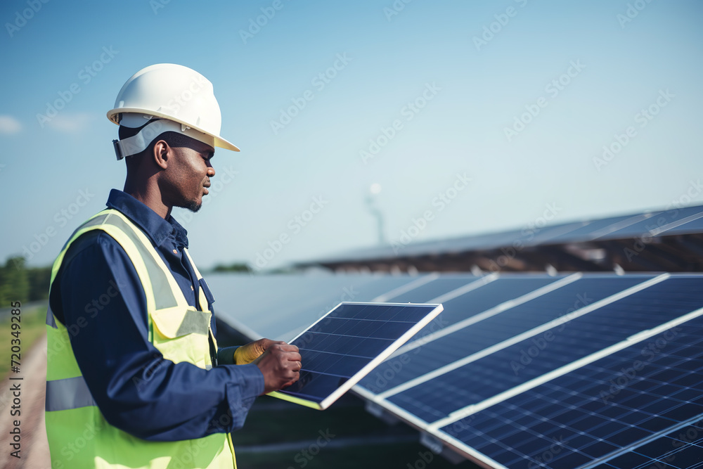 African engineer in uniform checking solar cell for maintenance. Concept of alternative green energy. African engineer in uniform checking solar cell for maintenance. Concept of alternative green energy.