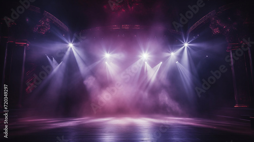 Stage light background with purple spotlight illuminated the stage with smoke. Empty stage for show with backdrop decoration.