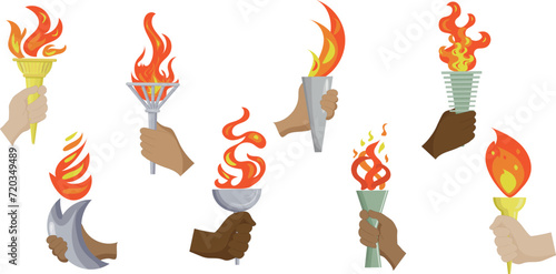 Torch, Flame, Hand. Torch in hand set. Vector isolated burning torches flames in hands. Symbols of relay race, competition victory, champion, sports. Education and lighting