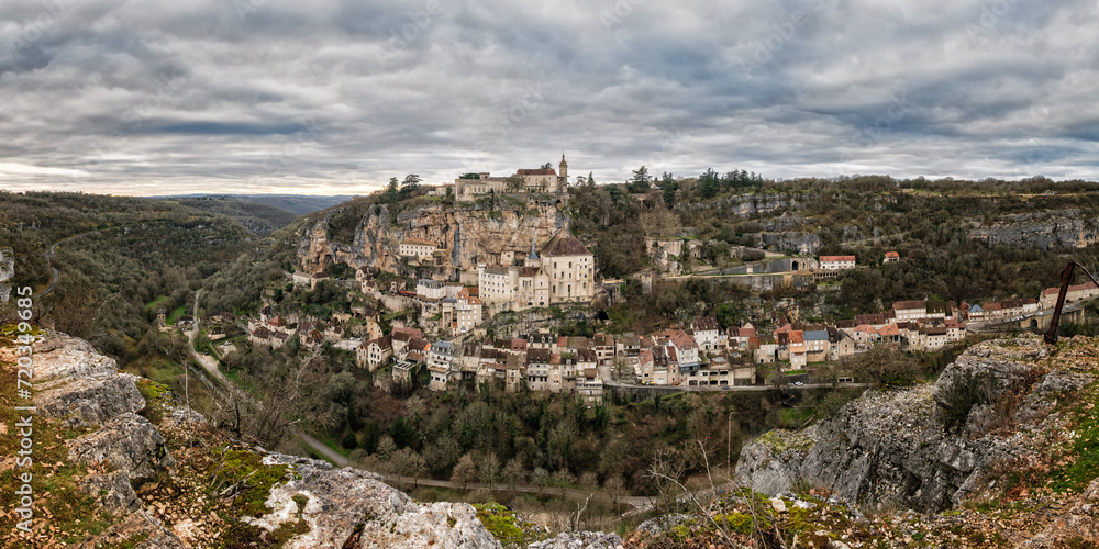 Panoramic view of Rocamadour, a city in the Lot region of France, dates back to the middle ages. It has been a centre of pilgrimage since the 15th century and attracts numerous tourists each year