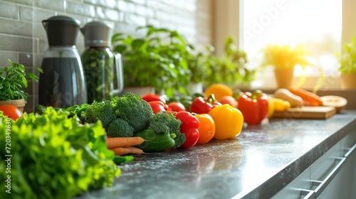 Sunlight casting over fresh vegetables on a kitchen counter.