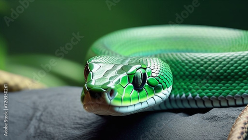 Bright green snake on a stone. Close-up of a dangerous reptile in a zoo. photo