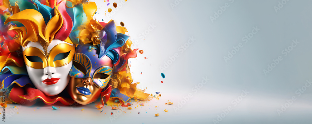 An array of vibrant carnival masks displayed against a clean white background