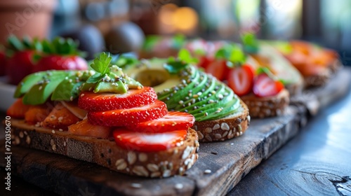 Artisanal open-faced toasts with fresh fruits and seeds for a nutritious meal.