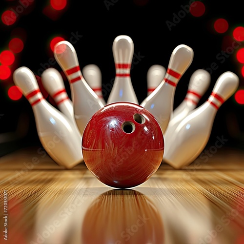 Close-up of a bowling ball hitting pins scoring a strike  bottom view