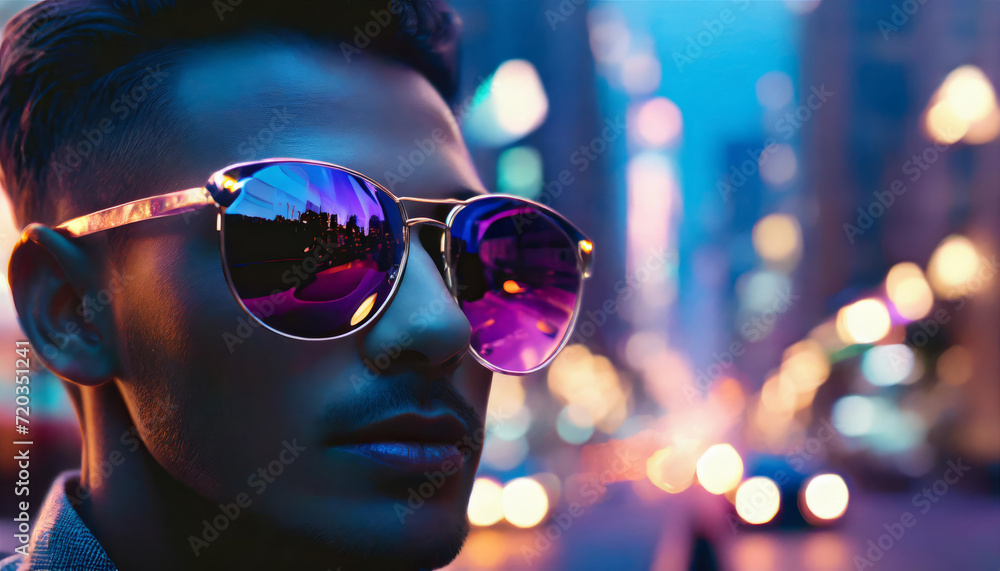 Stylish man with glasses. Reflection of the lights of the night city. Stylish man with glasses. Reflection of the lights of the night city.