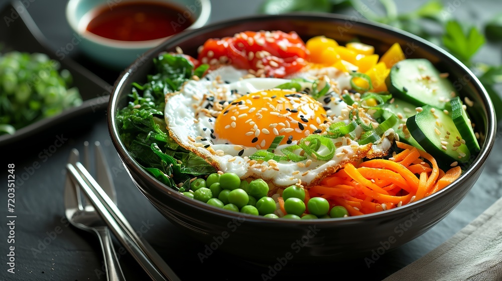 Colorful bowl of bibimbap with vibrant fresh vegetables and a fried egg. Colorful bowl of bibimbap with vibrant fresh vegetables and a fried egg.