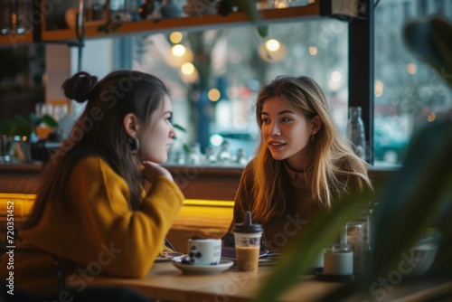 Two friends speaking in cafe