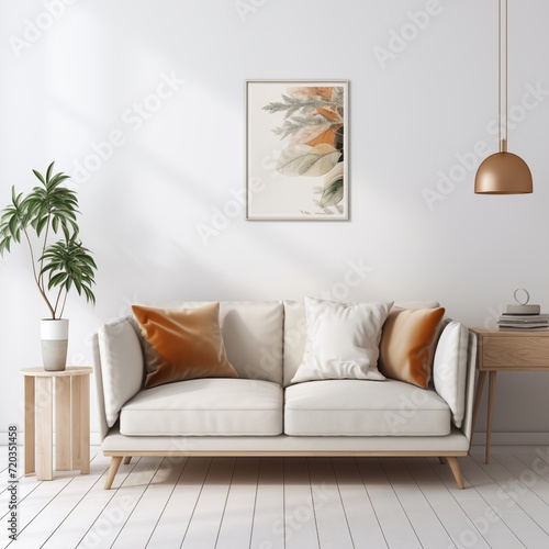 modern calm living room with sofa and mockup for painting, empty space for text 