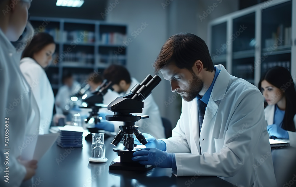 Biochemical research scientist team working with microscope in pharmaceutical research laboratory. Biochemical research scientist team working with microscope in pharmaceutical research laboratory.