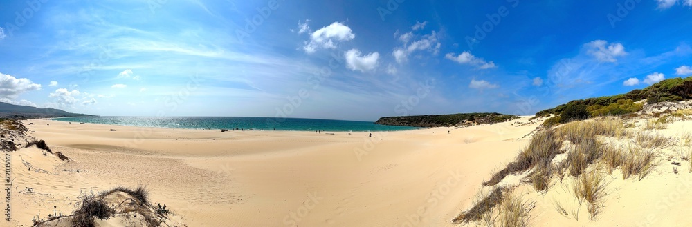 panorama view of the beautiful beach Playa de Bolonia at the Costa de la Luz, Andalusia, Cadiz, Spain