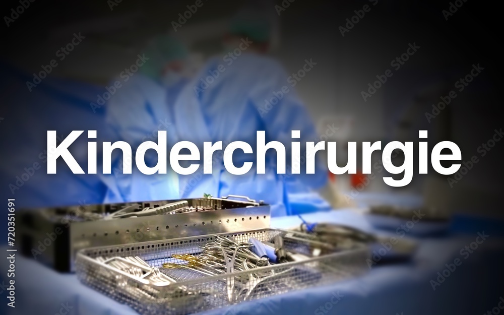 „Kinderchirurgie“ Schriftzug, im Hintergrund ein Operationssaal mit ...