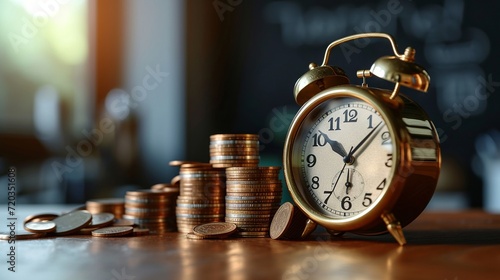 Vintage alarm clock and coin stacks concept for time and investment management.