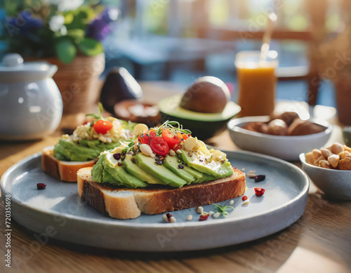 Savor a wholesome meal: a fresh avocado sandwich with organic ingredients on a wooden table. A delicious and healthy choice for breakfast or lunch