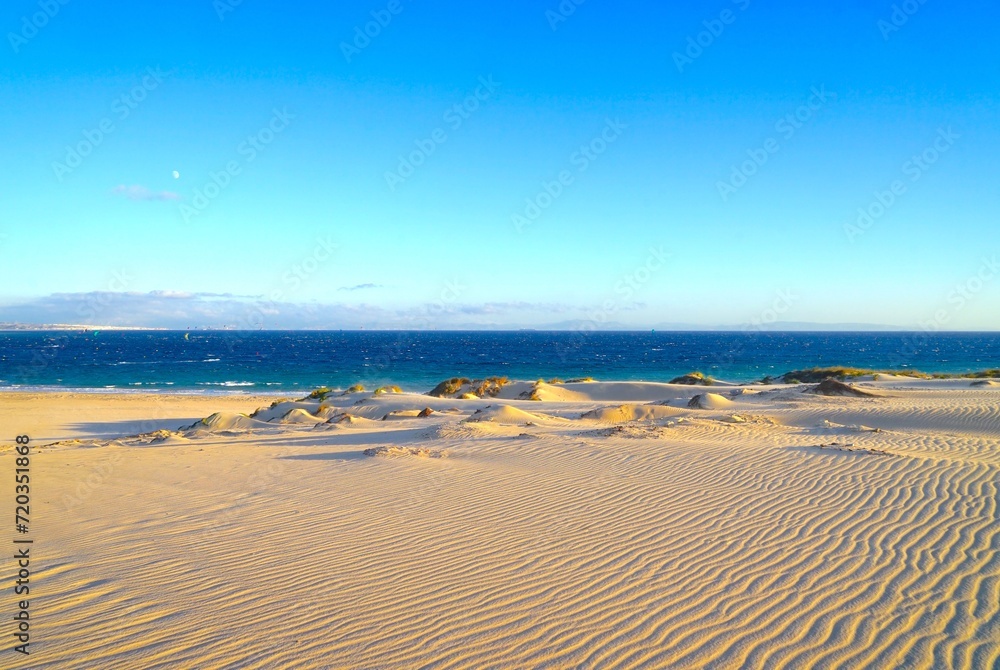 evening light at the large sand dune of Valdevaqueros in Andalusia with a view to the Atlantic Ocean, Morocco at the horizon, Tarifa, Costa de la Luz, province of Cádiz, Spain, Travel, Tourism