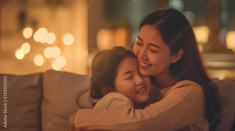 Korean or asian mother and daughter hug or embrace on sofa at cozy homey atmosphere with blurred lights on the background