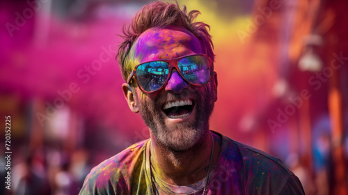 Cheerful man at the festival of colors Holi