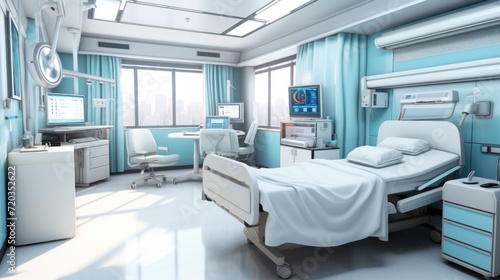 Modern hospital room equipped with advanced medical technology and city view