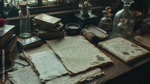 A rustic wooden desk holds an intimate scene of vintage handwritten pages, leather-bound books, and classic glassware.