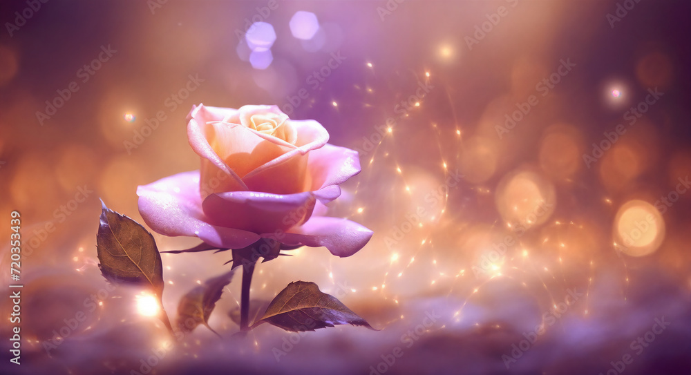 Obraz premium a single rose is sitting on a table with lights in the background and a blurry background behind it, generative ai