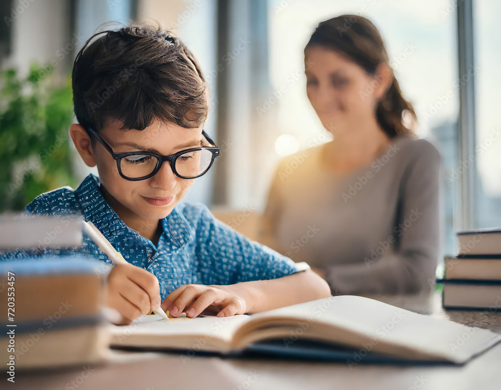 A schoolboy with glasses is writing in a notebook. A schoolboy with glasses is writing in a notebook.