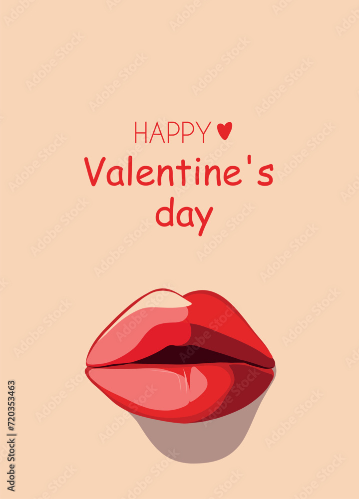 Vector trend illustration of beautiful bright juicy lips with shadow on a delicate background with the text Happy Valentine's Day Vector trend illustration of beautiful bright juicy lips with shadow on a delicate background with the text Happy Valentine's Day