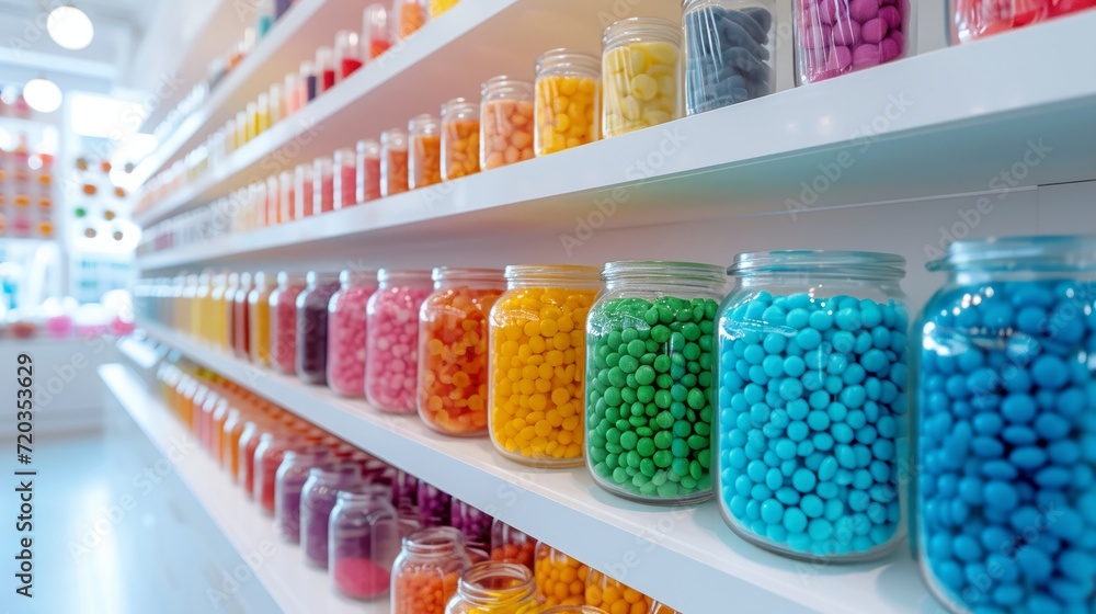 Colorful candy shop display with a variety of sweets in glass jars.