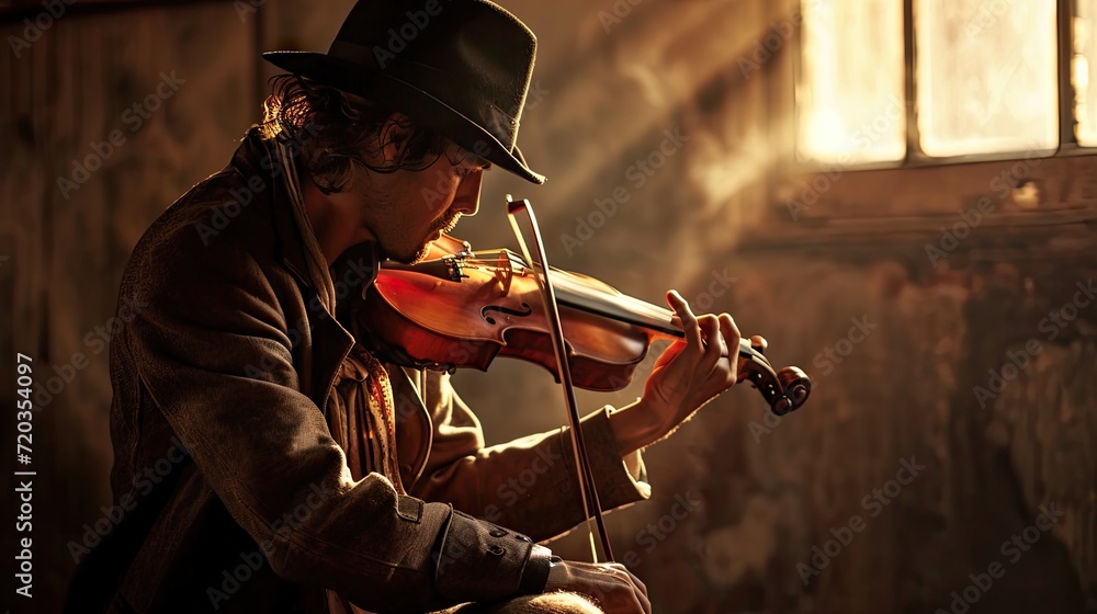 © Олег Фадеев - Musician playing the violin in a dark room. Vintage style