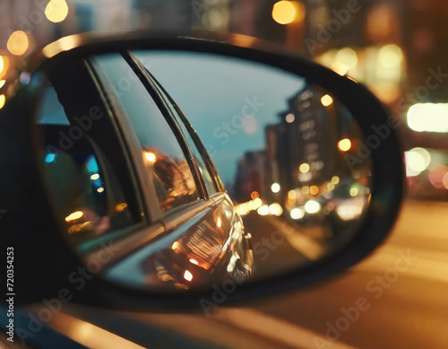 Reflection of the night city in a car rearview mirror