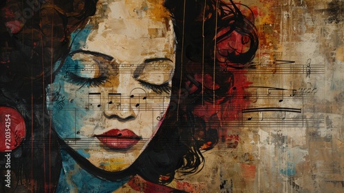 Double exposure of beautiful woman face and music notes on grunge background