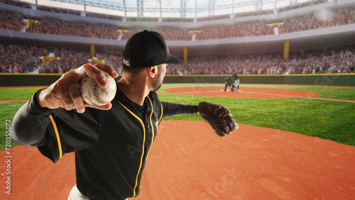 Canvas Print Young man, baseball player during game serving ball, playing on 3D render open air arena, baseball stadium with fans tribune