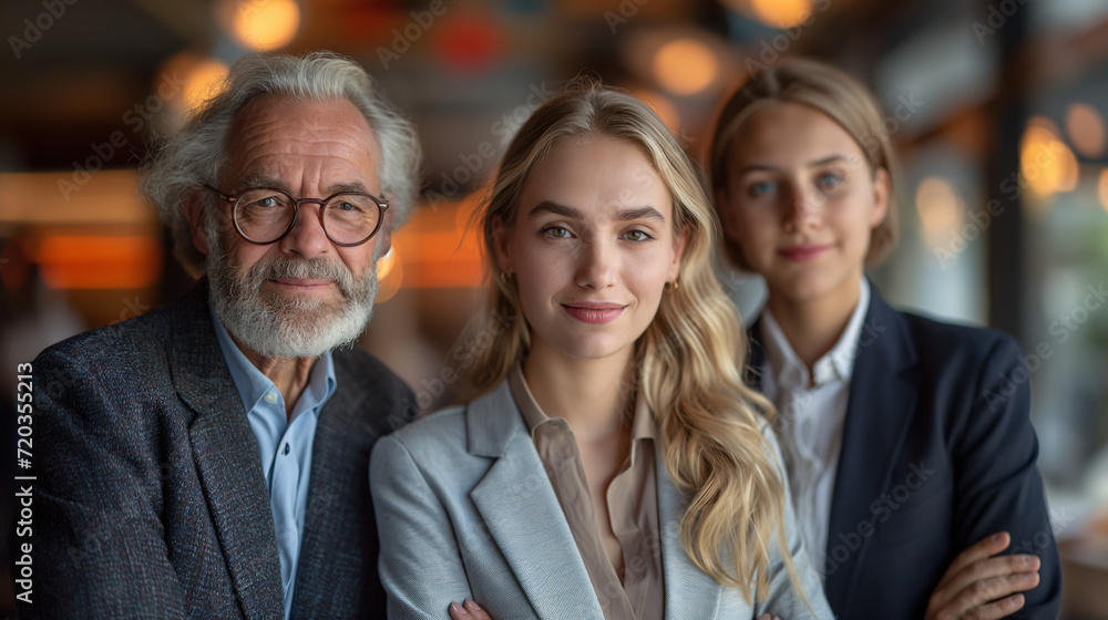 Business team. A senior male executive with his young female colleagues, displaying professionalism and confidence in a well-lit office setting. Business team. A senior male executive with his young female colleagues, displaying professionalism and confidence in a well-lit office setting.