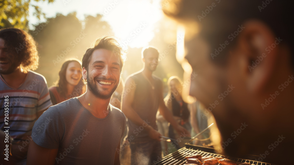 Obraz premium Cheerful guy in the company of friends