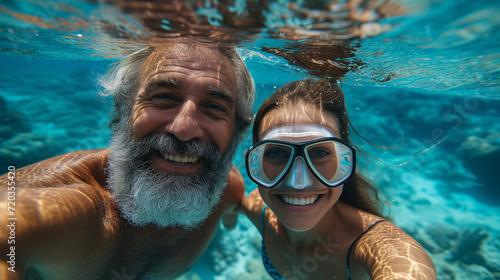A joyful underwater selfie of a bearded man and a woman wearing a snorkeling mask, sharing a moment of happiness in clear blue waters.