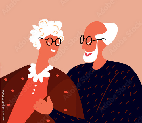Senior Aged Loving Couple Hugging,Elderly People,Old Man,Woman in Love,Friendly Relations Spend Time Together,Close Romantic Relationships.St Valentine's Day Card.Cartoon Flat Vector Illustration